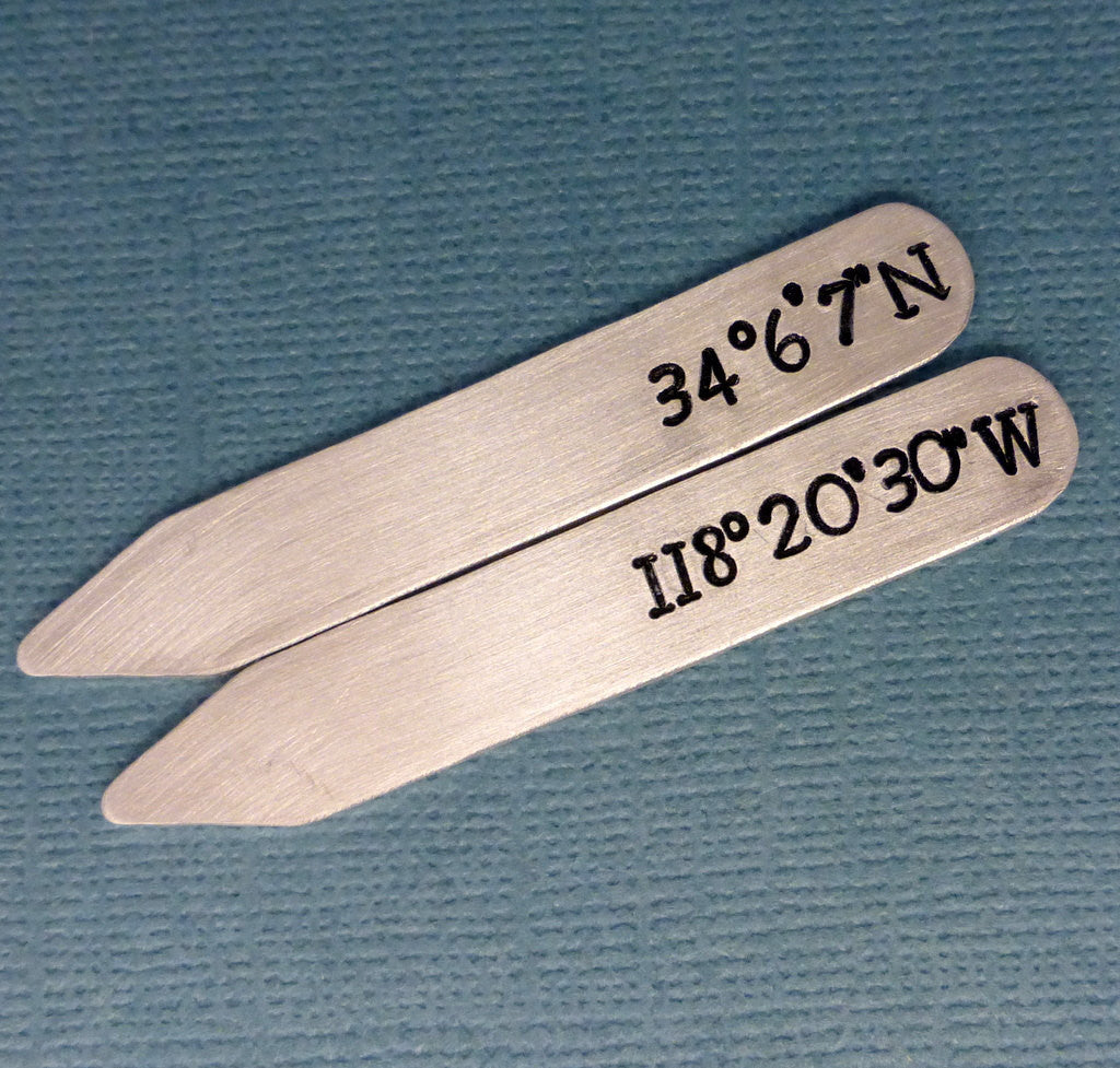 Personalized Latitude & Longitude Aluminum Collar Stays - Great Groom and Groomsman gift