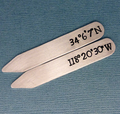 Personalized Latitude & Longitude Aluminum Collar Stays - Great Groom and Groomsman gift
