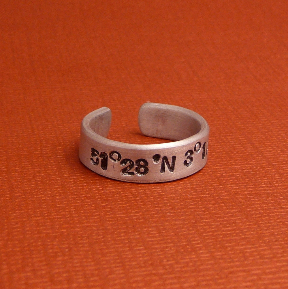 Latitude & Longitude Custom Hand Stamped 1/4" Aluminum Ring