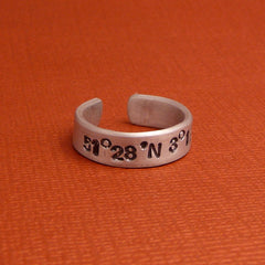 Latitude & Longitude Custom Hand Stamped 1/4" Aluminum Ring