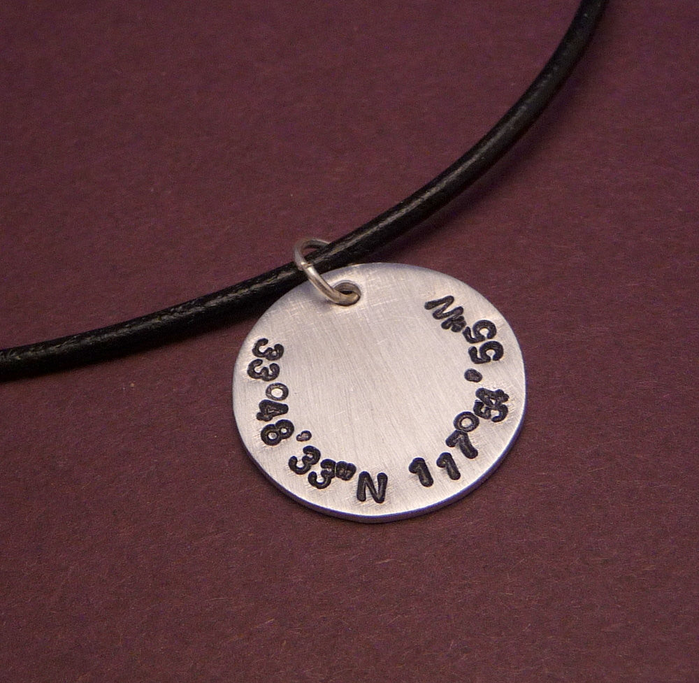 Latitude and Longitude Custom Hand Stamped Aluminum Disc Necklace