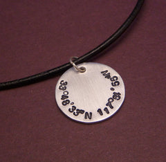 Latitude and Longitude Custom Hand Stamped Aluminum Disc Necklace