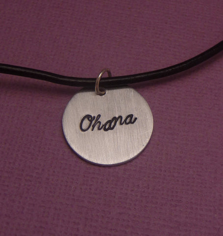 Lilo and Stitch Inspired - Ohana - A Hand Stamped Aluminum Disc Necklace