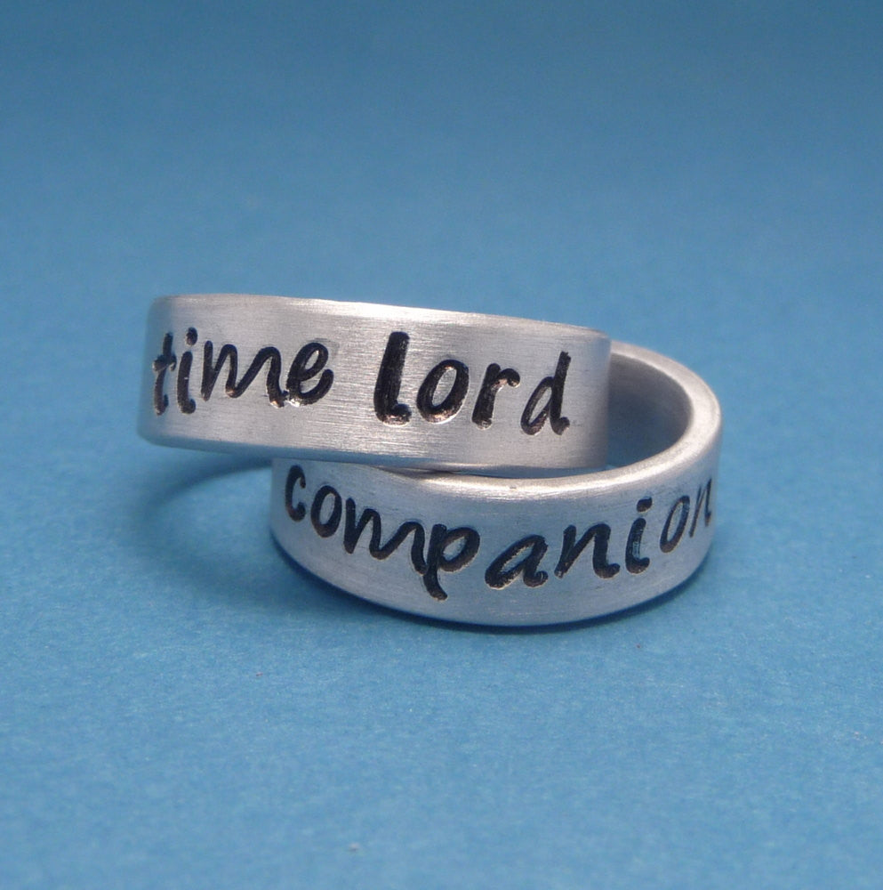 CLEARANCE - Doctor Who Inspired - Time Lord & Companion - A Pair of Hand Stamped Aluminum Rings