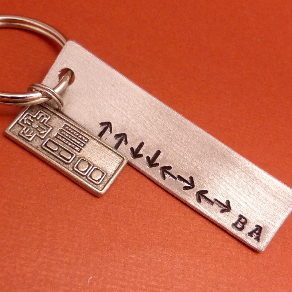 Konami Code - A Hand Stamped Keychain in Aluminum or Copper w/ Controller Charm