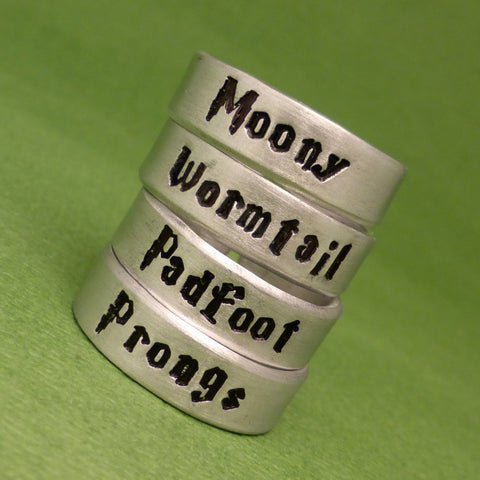 Harry Potter Inspired - Choose ONE - Moony, Wormtail, Padfoot or Prongs - A Hand Stamped Aluminum Ring