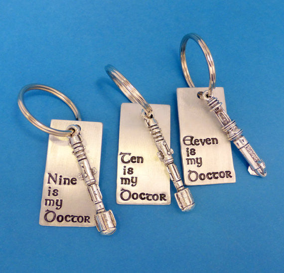 Doctor Who Inspired - My Doctor - Choose Your Doctor -  Hand Stamped Aluminum Keychain w/Sonic Screwdriver