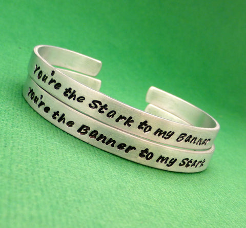 The Avengers Inspired - Stark to my Banner & Banner to my Stark - A Set of 2 Hand Stamped Bracelets in Aluminum or Sterling Silver