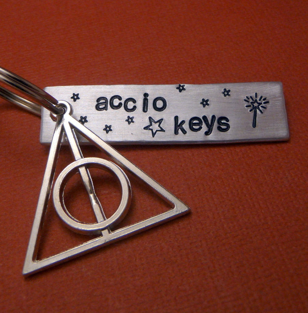 Harry Potter Inspired - Accio Keys (DH) - A Hand Stamped Aluminum or Aluminum Keychain w/ Deathly Hallows Charm