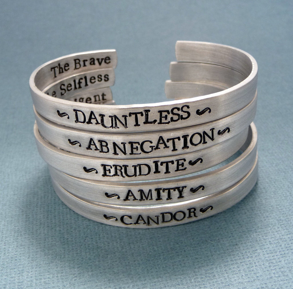 Divergent Inspired - Faction - Divergent, Dauntless, Abnegation, Amity, Candor or Erudite - CHOOSE ONE Double Sided Bracelet in Aluminum or Sterling Silver