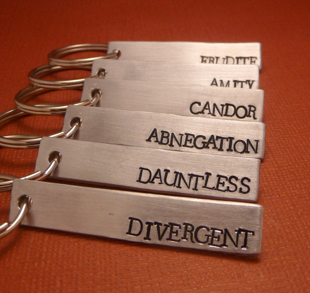 Divergent Inspired - (CHOOSE ONE Faction) - Divergent, Dauntless, Abnegation, Amity, Candor or Erudite - A Hand Stamped Aluminum Keychain