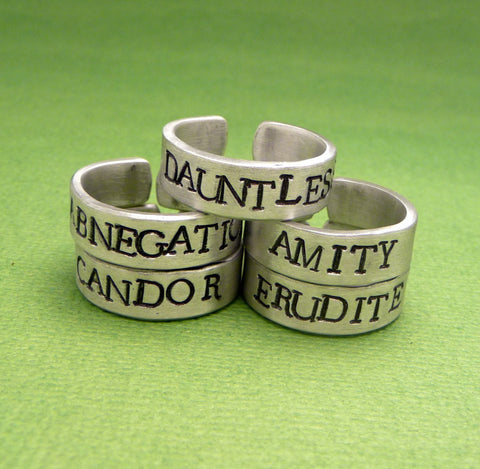 Divergent Inspired - Faction Ring (CHOOSE ONE) - Divergent, Dauntless, Abnegation, Amity, Candor or Erudite - A Hand Stamped Aluminum Ring