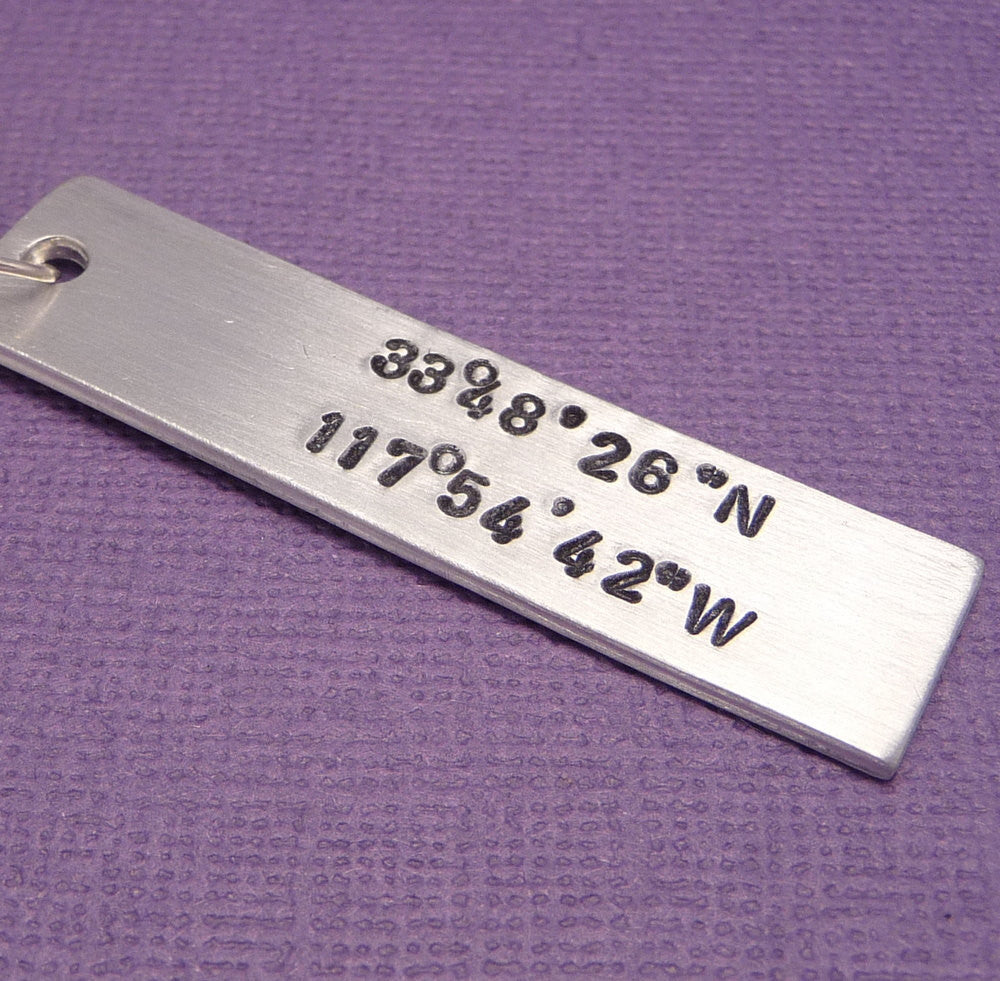 Latitude & Longitude Custom Hand Stamped Keychain in Aluminum or Copper