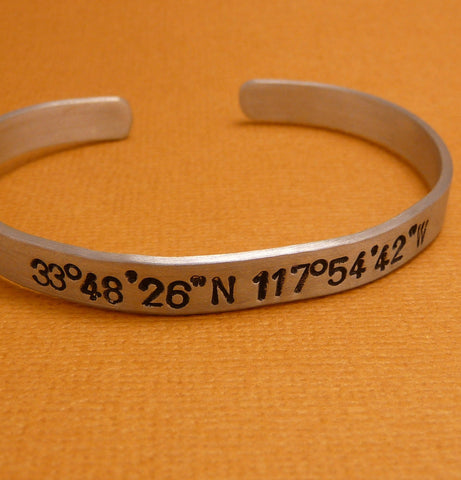Latitude & Longitude Custom Hand Stamped 1/4 inch Cuff Bracelet  in Aluminum or Sterling Silver