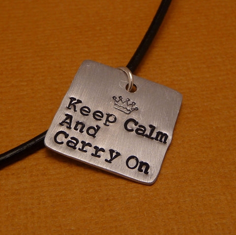 Keep Calm And Carry On - A Hand Stamped Aluminum Square Necklace