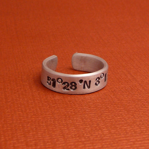 Latitude & Longitude Custom Hand Stamped 1/4" Aluminum Ring