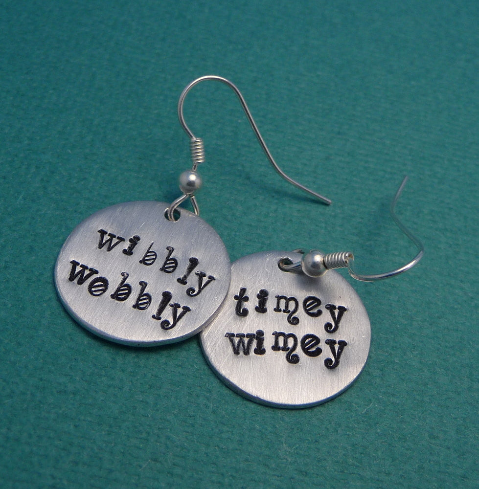 Doctor Who Inspired - WIbbly Wobbly & Timey Wimey - A Pair of Hand Stamped Earrings