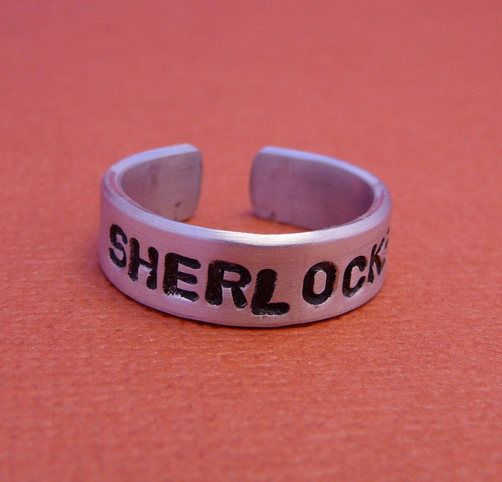Sherlock Inspired - SHERLOCKED - Hand Stamped Aluminum Rings