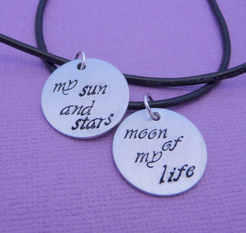 Game of Thrones Inspired - My Sun and Stars and Moon of My Life - A Pair of Hand Stamped Aluminum Disc Necklaces