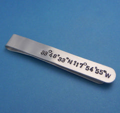 Latitude and Longitude Custom Hand Stamped Aluminum Tie Bar