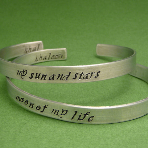 Game of Thrones Inspired - My Sun And Stars (Khal) & Moon Of My Life (Khaleesi) - A Pair of DOUBLE SIDED Hand Stamped Aluminum Bracelets