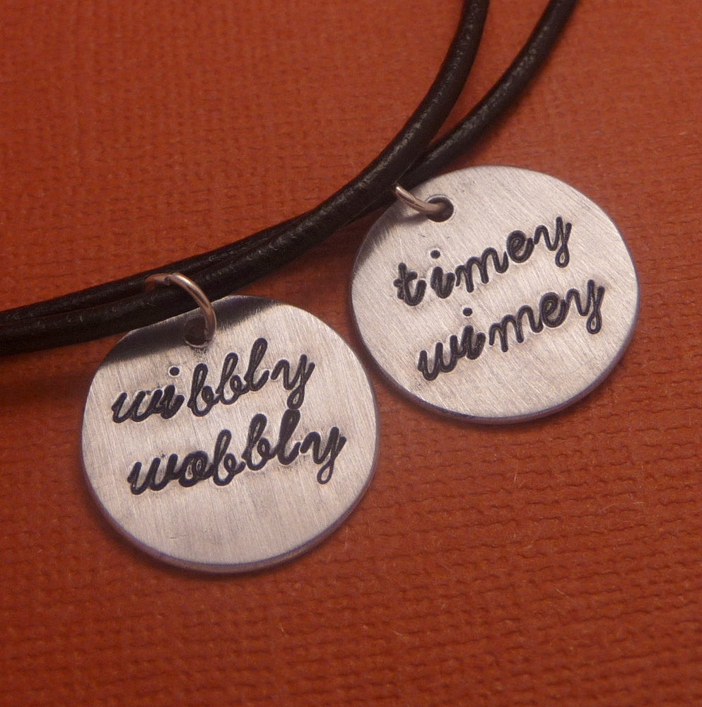 Doctor Who Inspired - WIbbly Wobbly & Timey Wimey - A Pair of Best Friends Hand Stamped Aluminum Disc Necklaces