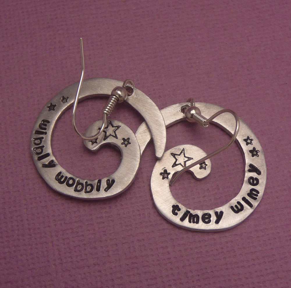 Doctor Who Inspired - WIbbly Wobbly & Timey Wimey - A Pair of Hand Stamped Aluminum Spiral Earrings