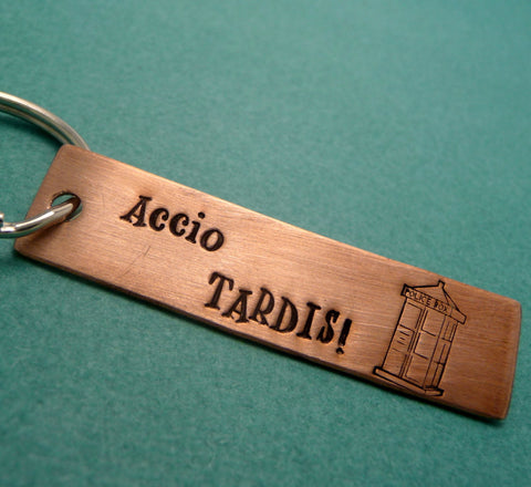 Doctor Who Inspired - Accio TARDIS - A Hand Stamped Copper Keychain