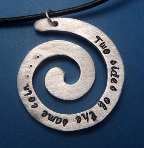 Merlin Inspired - Two Sides Of The Same Coin - A Hand Stamped Aluminum Spiral Necklace