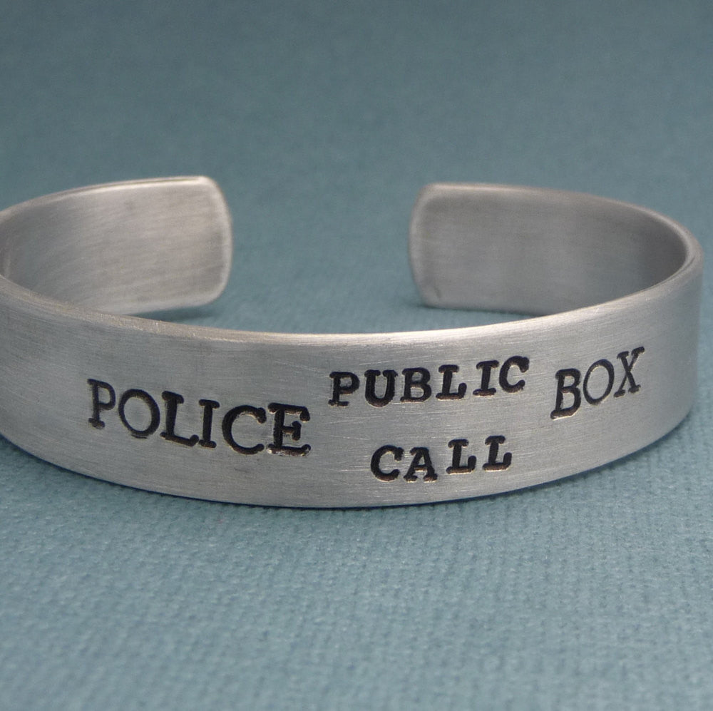 Doctor Who Inspired - Police Public Call Box - A Hand Stamped Aluminum Bracelet