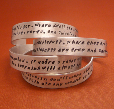 Harry Potter Inspired - CHOOSE ONE - Sorting Hat Song - A Hand Stamped Aluminum Bracelet