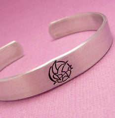 Hunger Games Inspired - Mockingjay Symbol - A Hand Stamped Aluminum Cuff Bracelet