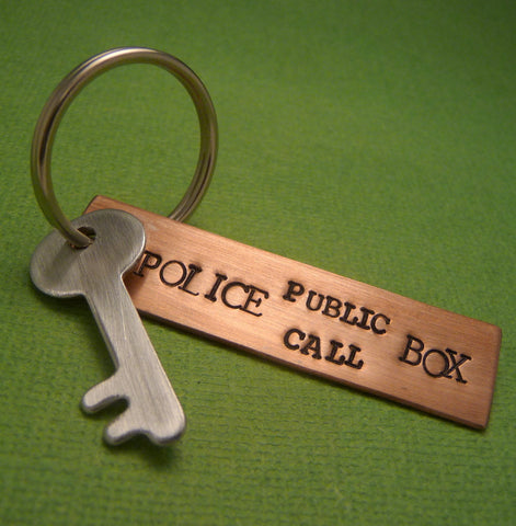 Doctor Who Inspired - Police Public Call Box - A Hand Stamped Keychain in Copper, Aluminum or Brass